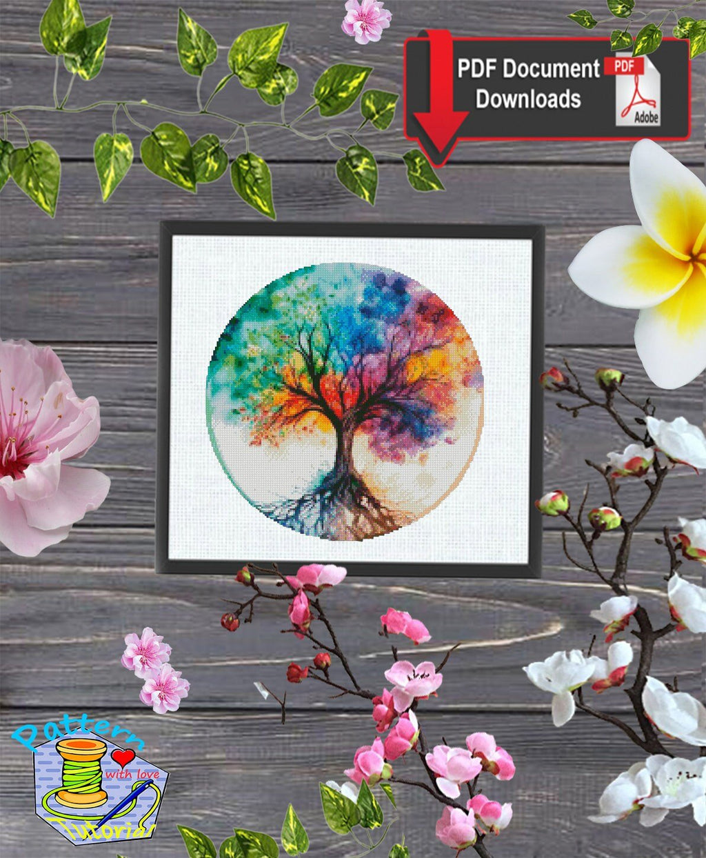 Tree of Life Cross Stitch Pattern PDF, Colorful Rainbow Tree Embroidery Design, Spiritual Nature Hoop Art Modern Cross Stitch - NuttyHappyHobby