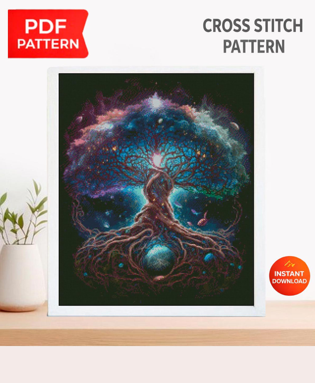 Tree of Life Cross Stitch Pattern PDF, Cosmic Galaxy Tree Embroidery Design, Fantasy Spiritual Cross Stitch, Mystic Art Digital Download - NuttyHappyHobby