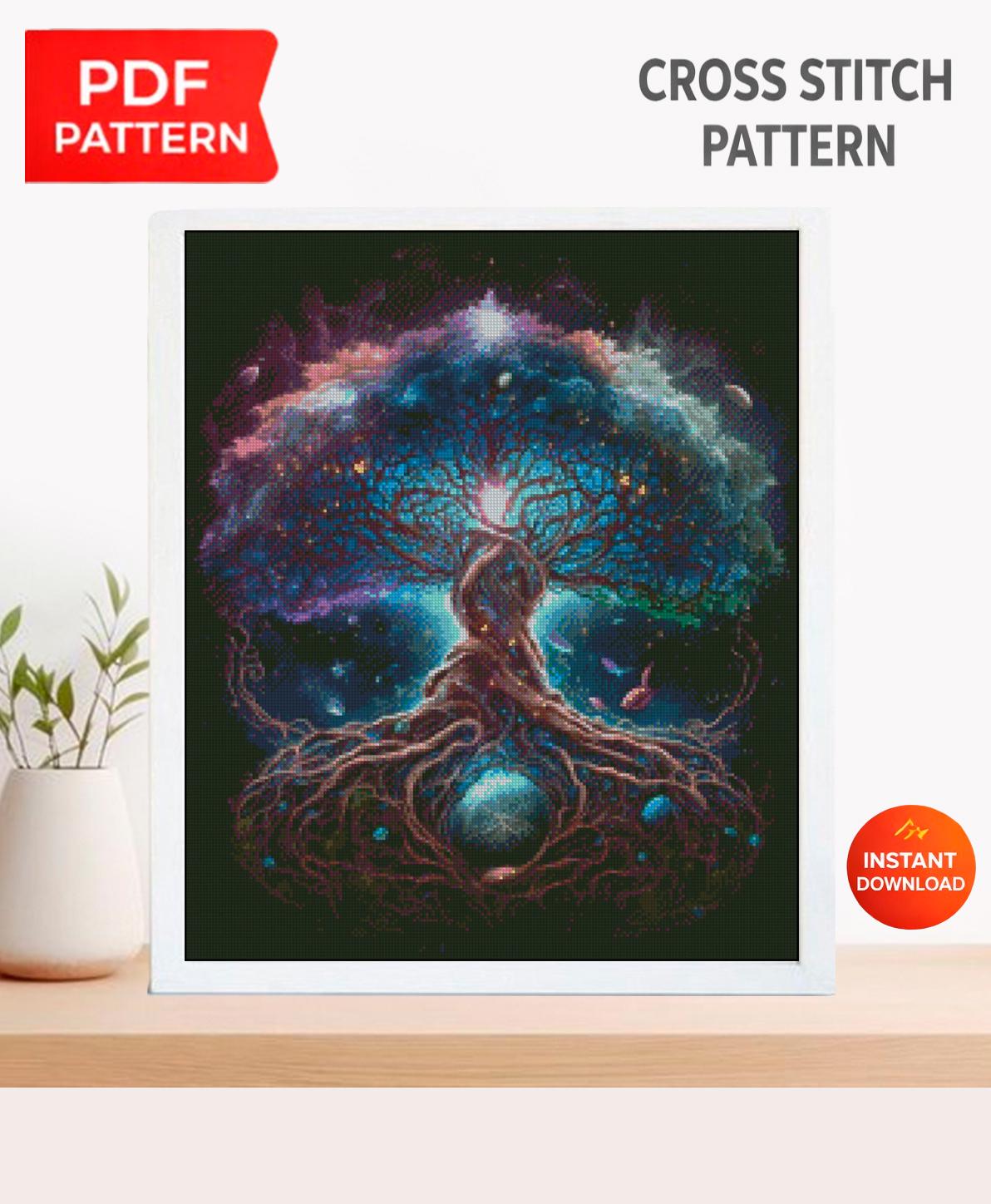 Tree of Life Cross Stitch Pattern PDF, Cosmic Galaxy Tree Embroidery Design, Fantasy Spiritual Cross Stitch, Mystic Art Digital Download - NuttyHappyHobby
