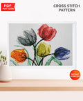 Tulip Cross Stitch Pattern PDF, Colorful Flower Embroidery Design, Botanical Floral Cross Stitch Chart, Spring Needlework, Instant Download - NuttyHappyHobby