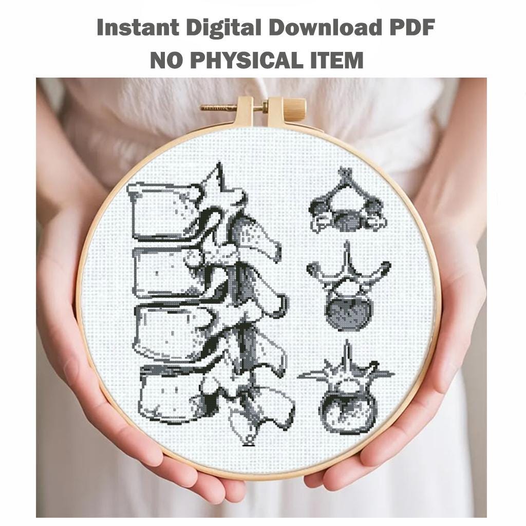 Vertebrae Anatomy Cross Stitch Pattern PDF, Spine Bone Embroidery Design, Vintage Medical Illustration Wall Art Download - NuttyHappyHobby
