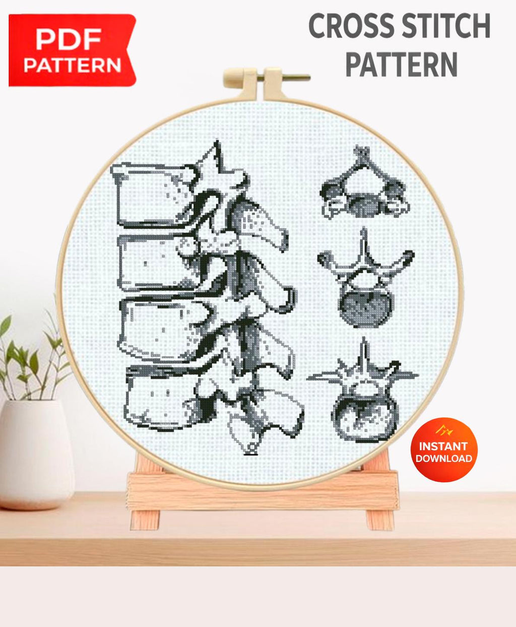 Vertebrae Anatomy Cross Stitch Pattern PDF, Spine Bone Embroidery Design, Vintage Medical Illustration Wall Art Download - NuttyHappyHobby