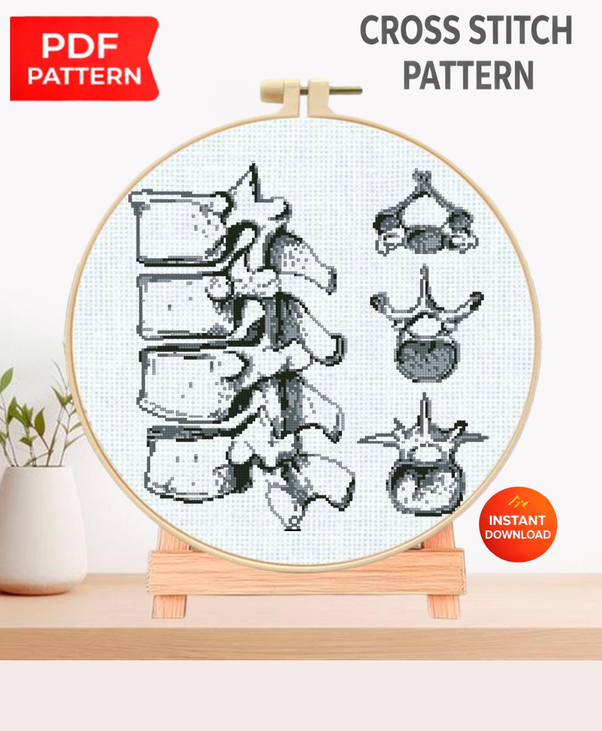 Vertebrae Anatomy Cross Stitch Pattern PDF, Spine Bone Embroidery Design, Vintage Medical Illustration Wall Art Download - NuttyHappyHobby