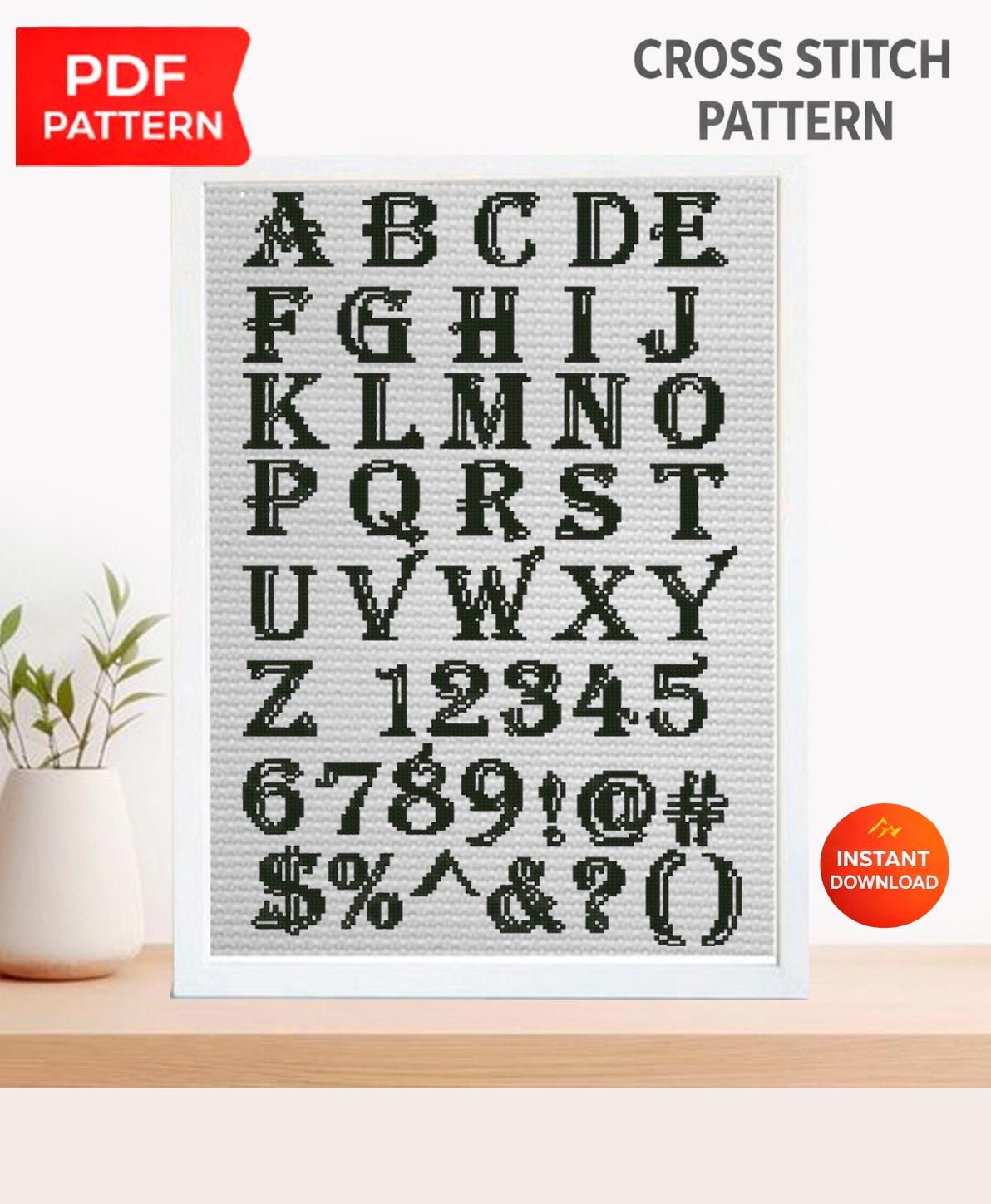 Vintage Serif ABC Alphabet Cross Stitch Pattern PDF, Antique Uppercase Font with Numbers and Symbols, Retro Typography Embroidery Chart - NuttyHappyHobby