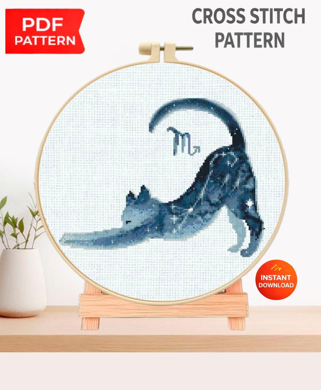 Virgo Cat Cross Stitch Pattern PDF, Zodiac Cat Embroidery Design, Astrology Constellation Cross Stitch Chart, Celestial Cat Needlework - NuttyHappyHobby
