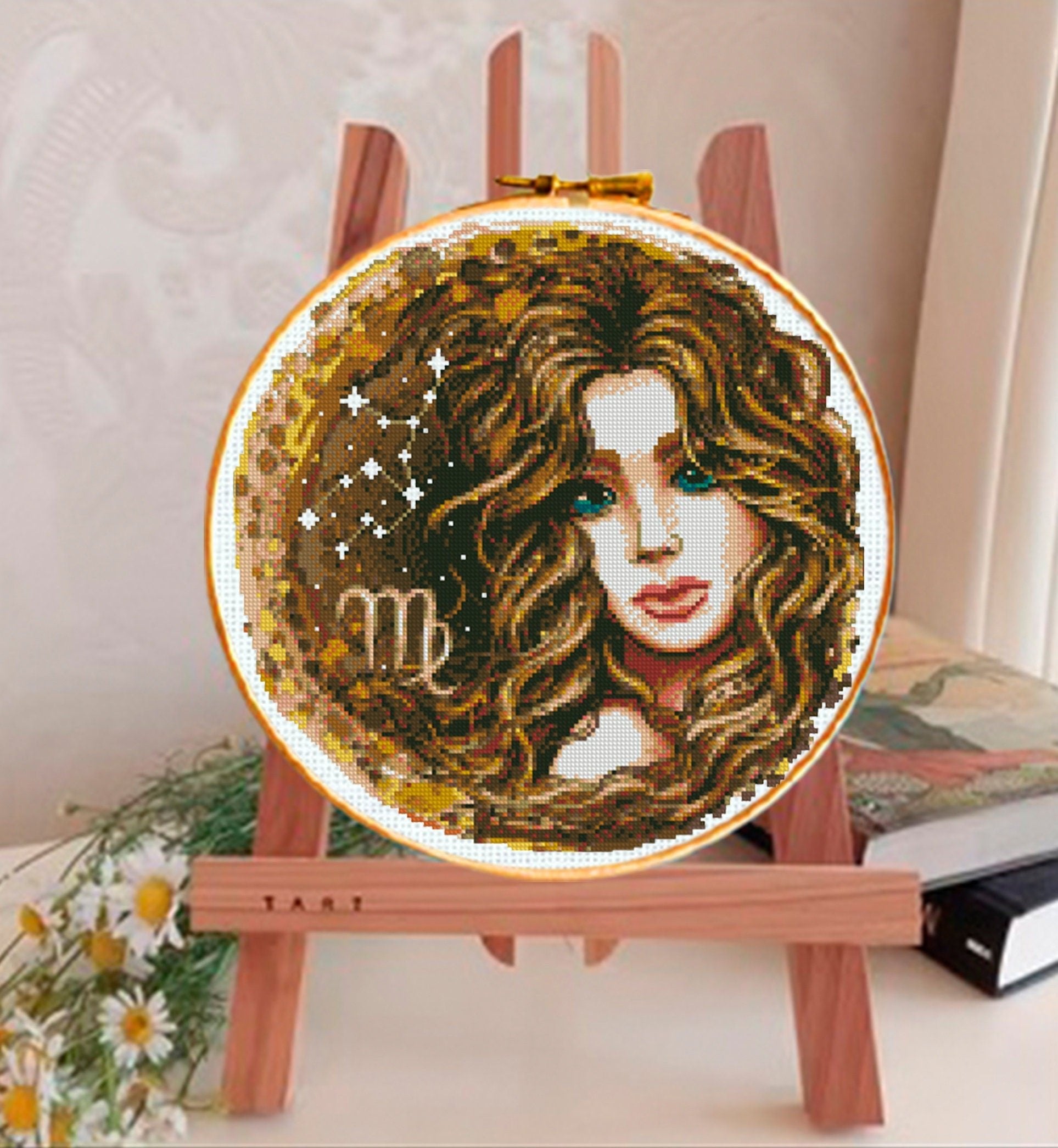 Virgo Zodiac Cross Stitch Pattern PDF, Virgo Astrology Embroidery Design, Virgo Constellation Stitch Chart, Celestial Horoscope Needlework - NuttyHappyHobby