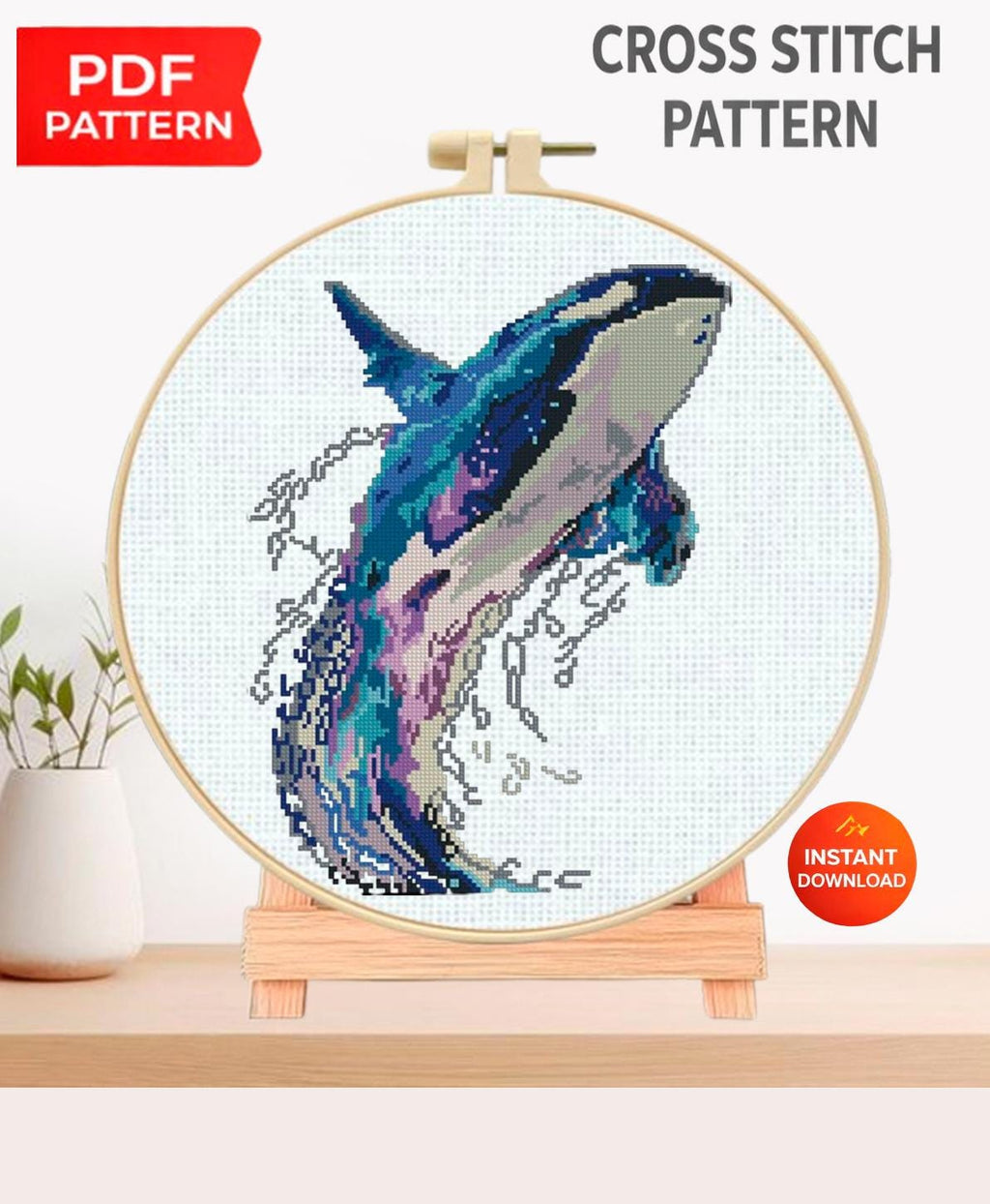 Whale Cross Stitch Pattern PDF, Ocean Embroidery Pattern, Marine Life Cross Stitch, Whale Art Design, Nautical Decor, Instant Download - NuttyHappyHobby