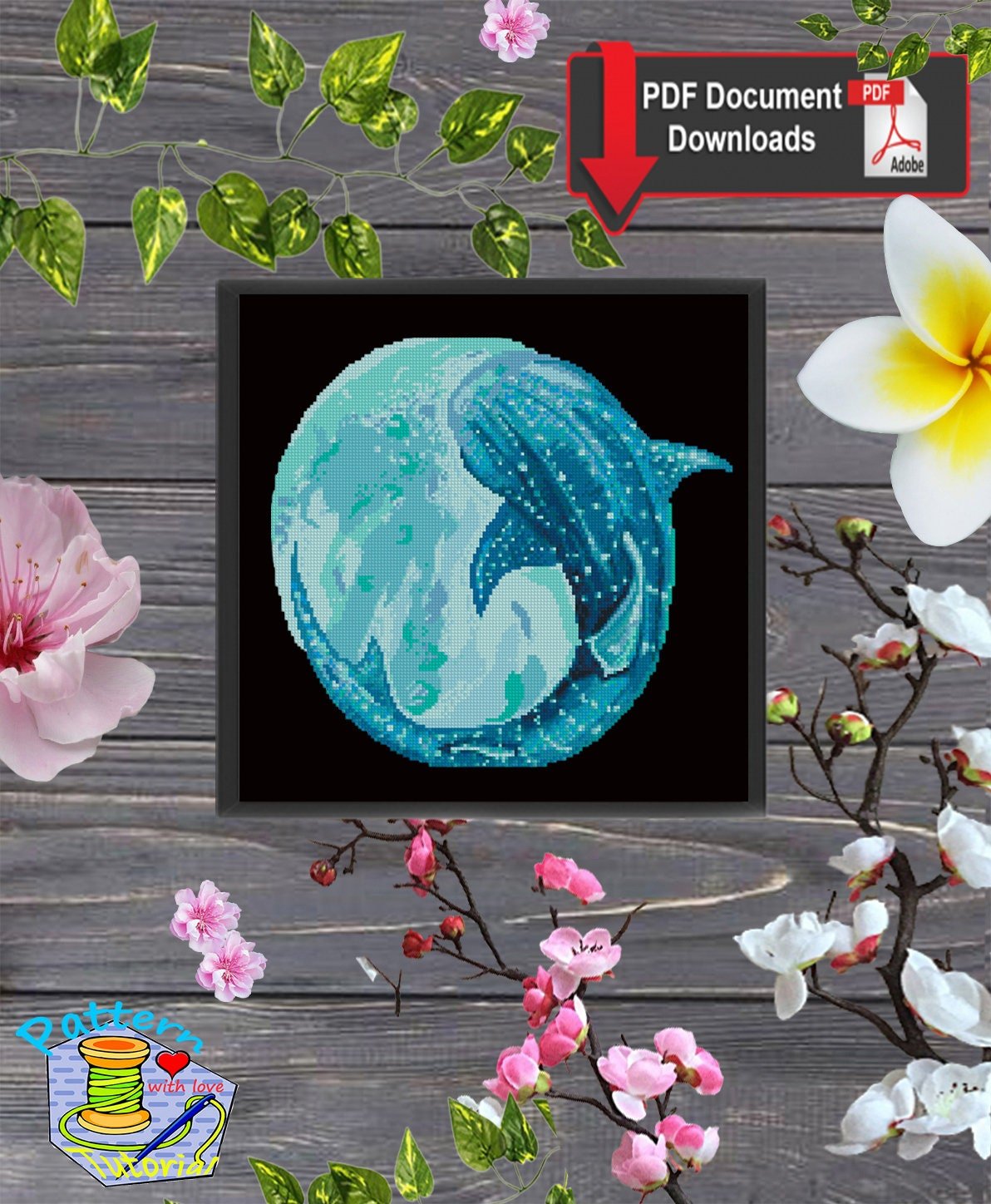 Whale Cross Stitch Pattern PDF, Ocean Embroidery Pattern, Sea Life Cross Stitch, Whale Shark Pattern, Marine Animal Art, Instant Download - NuttyHappyHobby