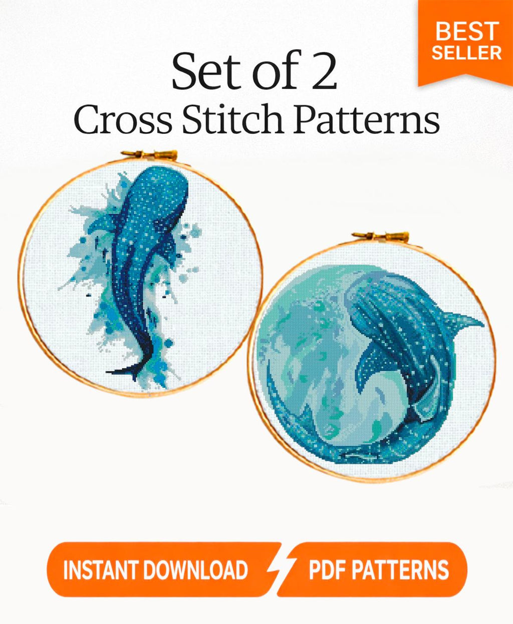 Whale set Cross Stitch Pattern PDF, Ocean Embroidery Pattern, Sea Life Cross Stitch, Whale Shark Pattern, Marine Animal Art,Instant Download - NuttyHappyHobby