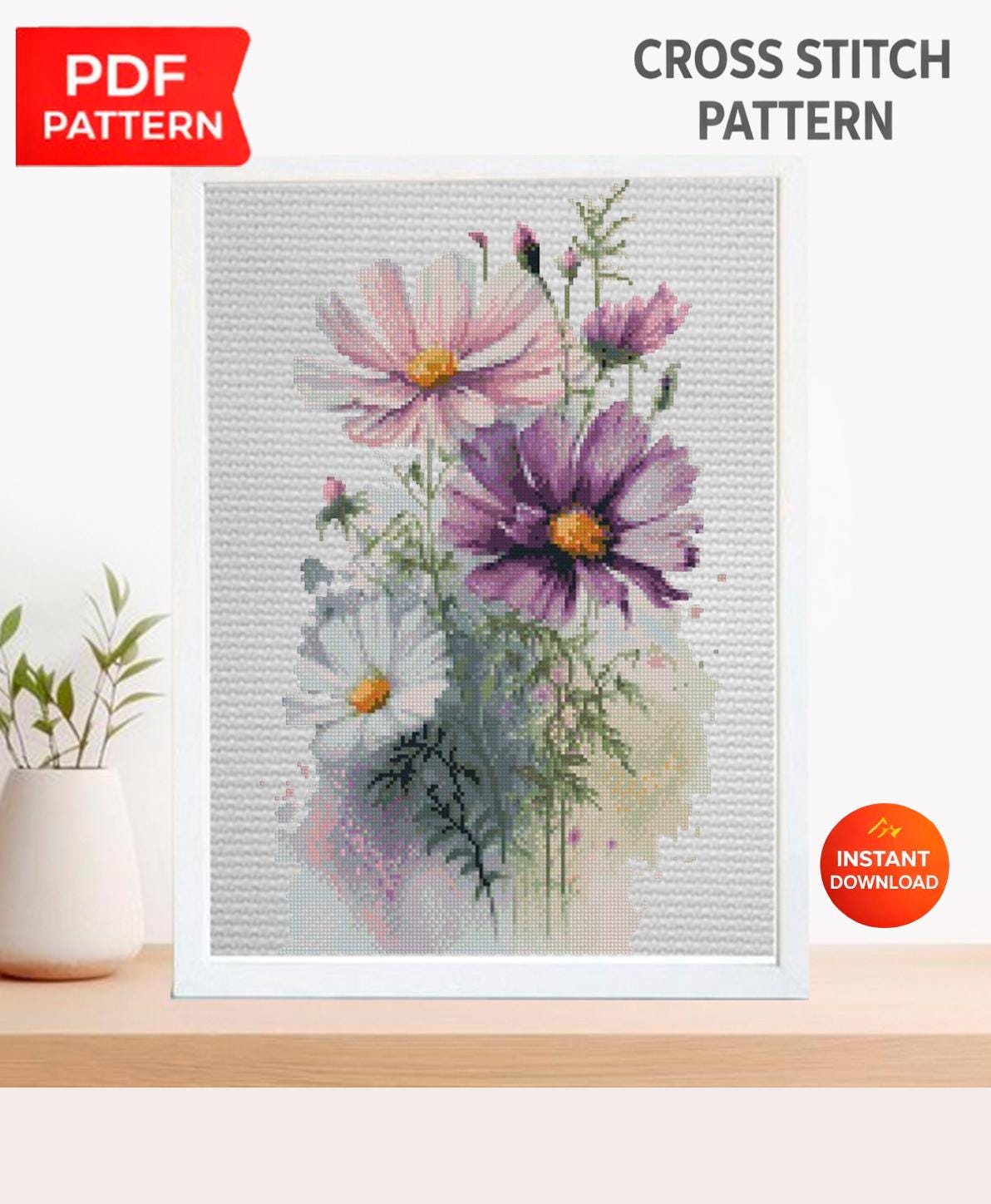 Wildflower Bouquet Cross Stitch Pattern PDF, Watercolor Floral Embroidery Chart, Oval Hoop Botanical Wall Art, Cottagecore Decor, Download - NuttyHappyHobby