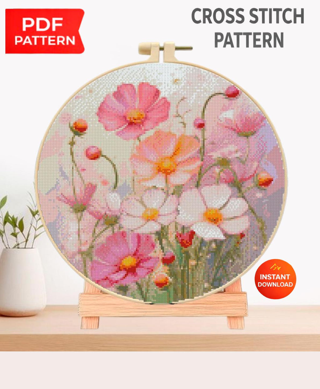 Wildflower Cross Stitch Pattern PDF, Pink Floral Embroidery Design, Meadow Flowers Cross Stitch Chart, Botanical Needlework Instant Download - NuttyHappyHobby