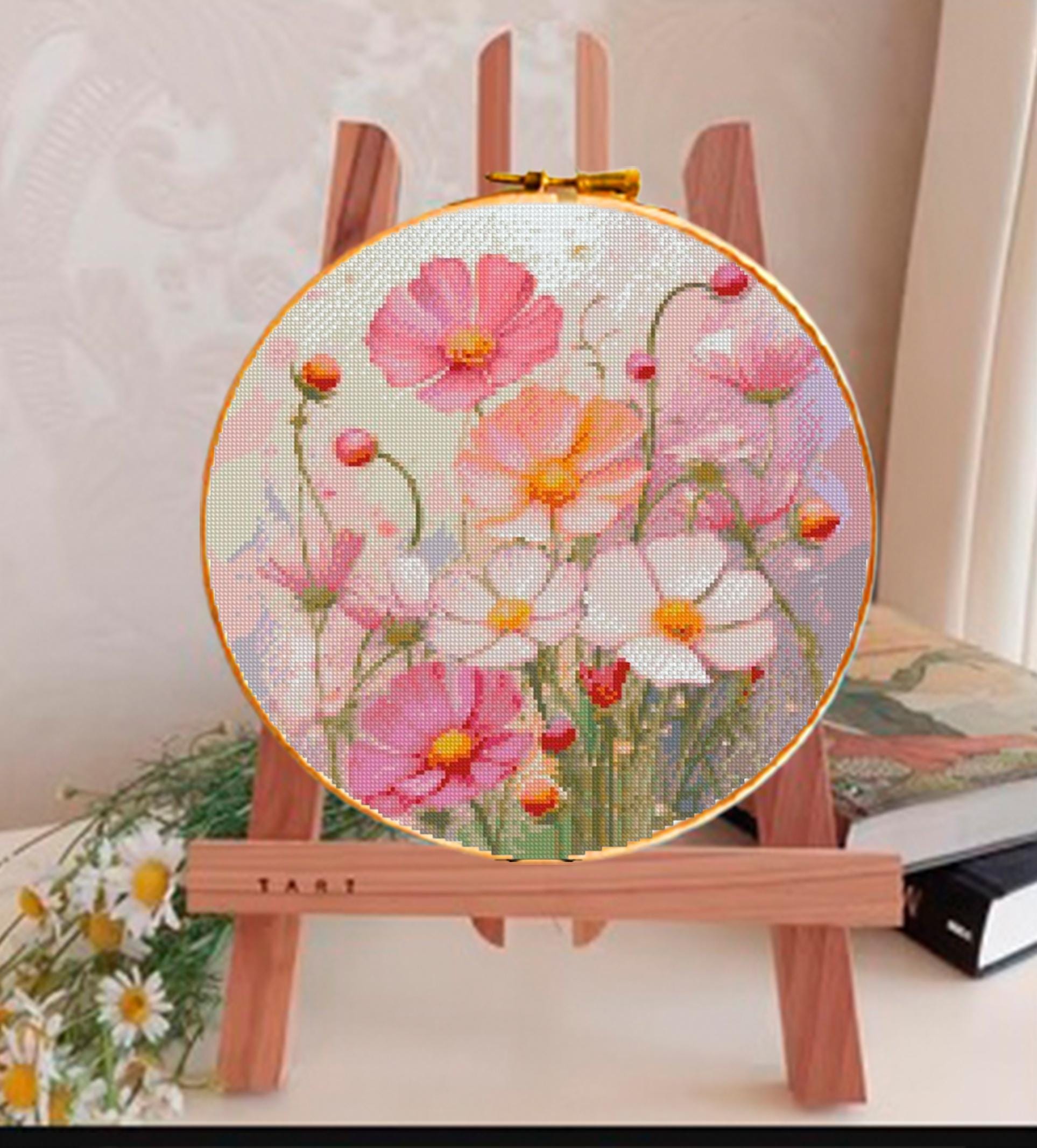 Wildflower Cross Stitch Pattern PDF, Pink Floral Embroidery Design, Meadow Flowers Cross Stitch Chart, Botanical Needlework Instant Download - NuttyHappyHobby