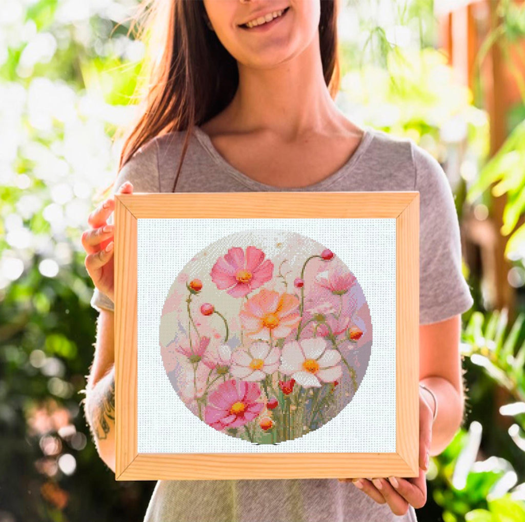 Wildflower Cross Stitch Pattern PDF, Pink Floral Embroidery Design, Meadow Flowers Cross Stitch Chart, Botanical Needlework Instant Download - NuttyHappyHobby