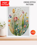 Wildflower Meadow Cross Stitch Pattern PDF, Oval Hoop Floral Embroidery Chart, Watercolor Botanical Design, Instant Download Wall Art - NuttyHappyHobby