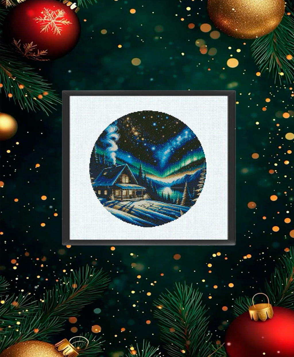 Winter Cabin Cross Stitch Pattern PDF, Northern Lights Landscape Embroidery Design, Aurora Borealis Needlework Chart, Winter Night Scene - NuttyHappyHobby
