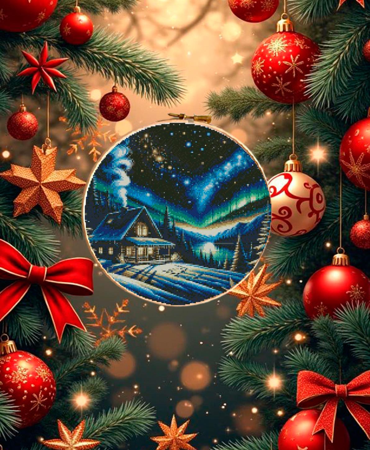 Winter Cabin Cross Stitch Pattern PDF, Northern Lights Landscape Embroidery Design, Aurora Borealis Needlework Chart, Winter Night Scene - NuttyHappyHobby