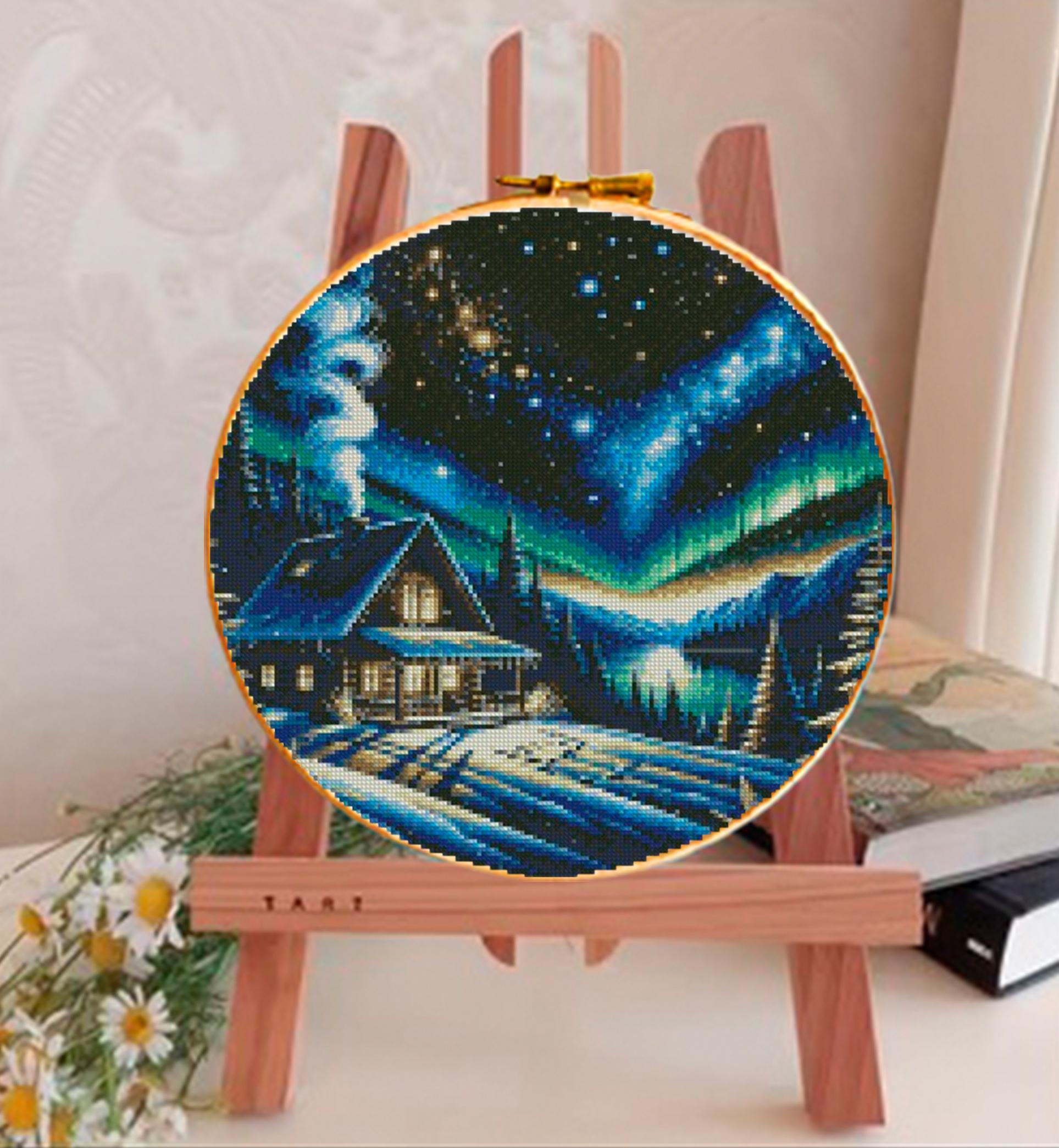 Winter Cabin Cross Stitch Pattern PDF, Northern Lights Landscape Embroidery Design, Aurora Borealis Needlework Chart, Winter Night Scene - NuttyHappyHobby