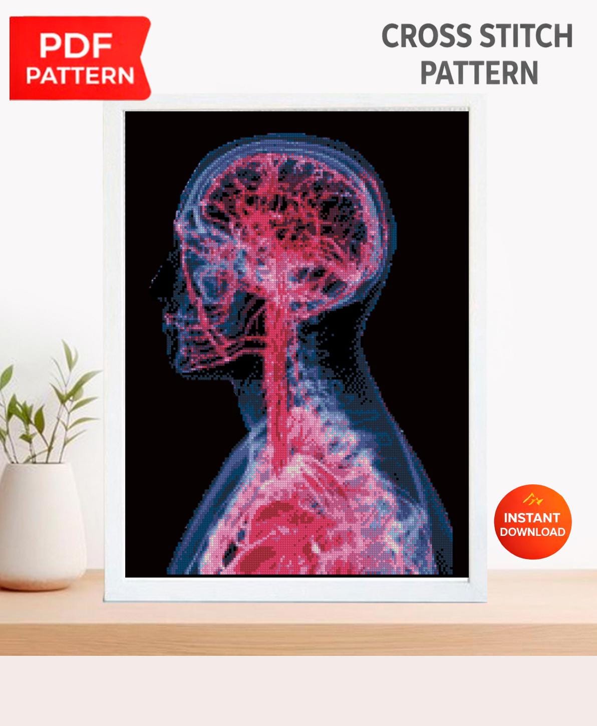X - Ray Brain Cross Stitch Pattern PDF, Anatomical Human Head Embroidery Chart, Medical Radiology Art, Gothic Anatomy Decor, Instant Download - NuttyHappyHobby