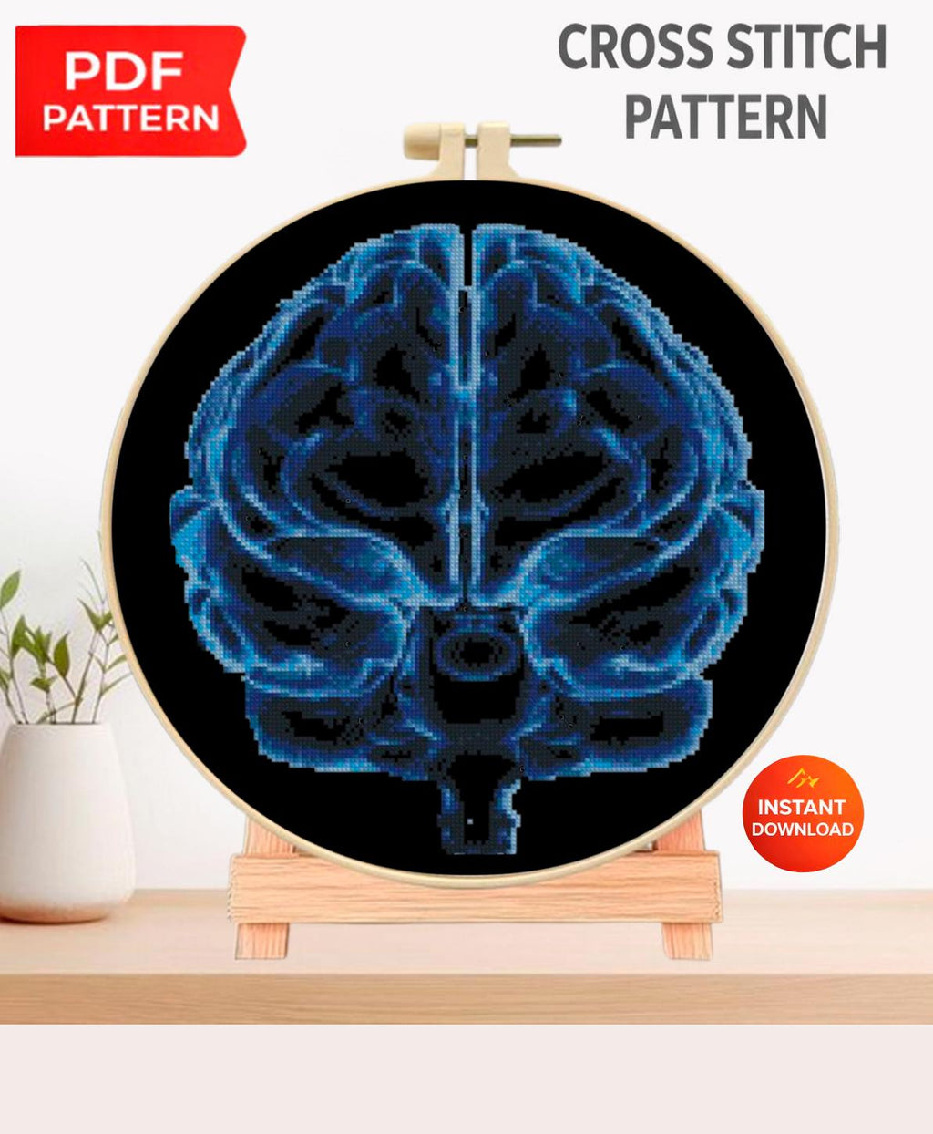X Ray Brain Cross Stitch Pattern PDF, Radiology Anatomy Embroidery Design, Neuroscience Medical Wall Art Download - NuttyHappyHobby
