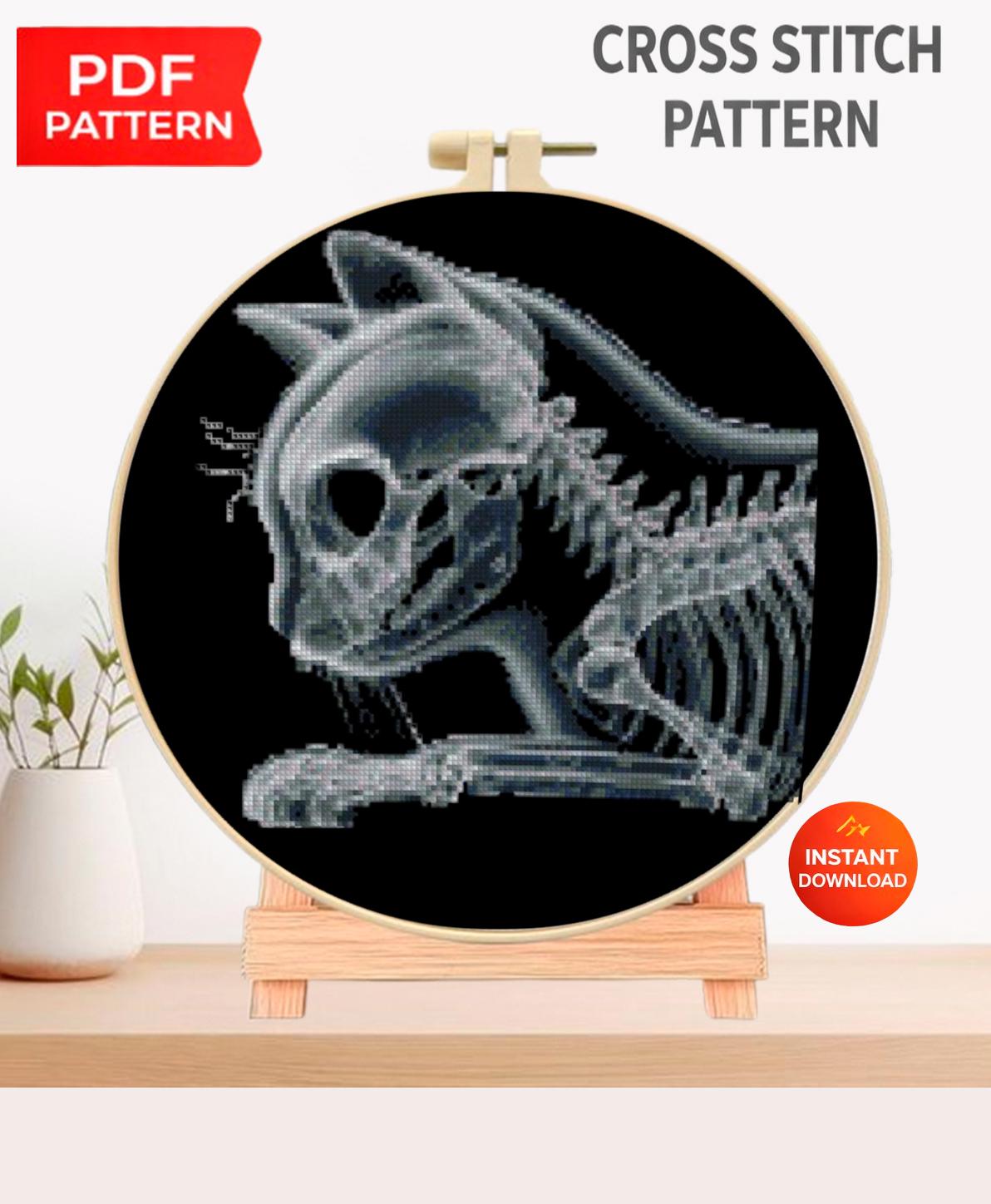 X - Ray Cat Cross Stitch Pattern PDF, Anatomical Kitten Skeleton Embroidery Chart, Veterinary Art, Gothic Animal Needlepoint, Instant Download - NuttyHappyHobby