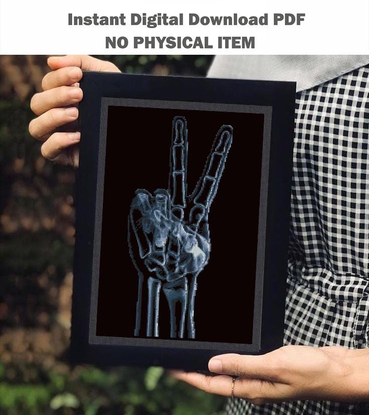 X Ray Hand Cross Stitch Pattern PDF, Peace Sign Skeleton Embroidery Design, Radiology Anatomy Art, Gothic Wall Decor Download - NuttyHappyHobby