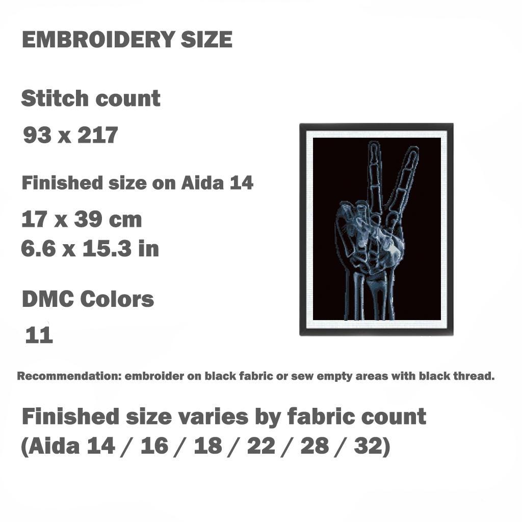 X Ray Hand Cross Stitch Pattern PDF, Peace Sign Skeleton Embroidery Design, Radiology Anatomy Art, Gothic Wall Decor Download - NuttyHappyHobby