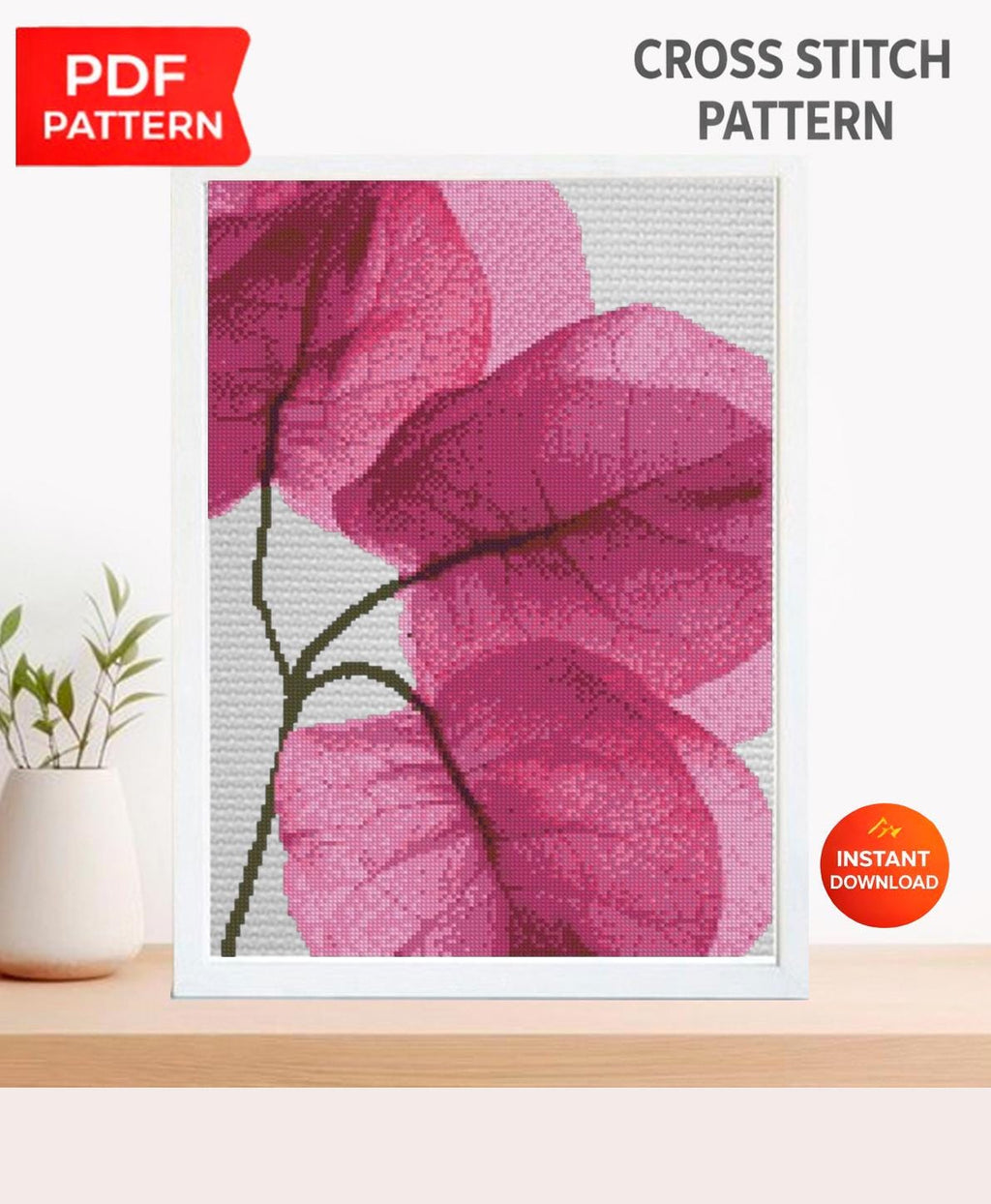 X - Ray Leaf Cross Stitch Pattern PDF, Skeleton Leaf Botanical Design, Minimalist Monochrome Embroidery Chart, Modern Nature Hoop Wall Art - NuttyHappyHobby