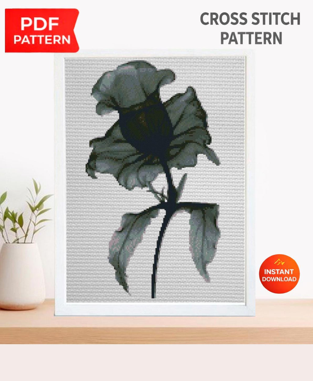 X - Ray Narcissus Cross Stitch Pattern PDF, Skeleton Flower Botanical Design, Minimalist Monochrome Embroidery Chart, Modern Hoop Wall Art - NuttyHappyHobby
