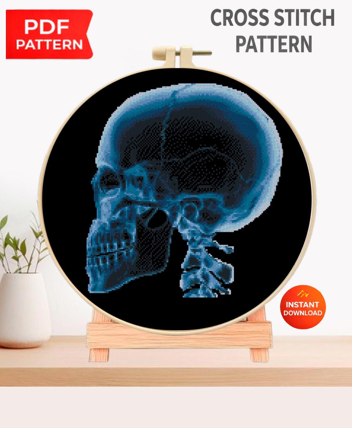 X - Ray Skull Cross Stitch Pattern PDF, Anatomical Human Skull Embroidery Chart, Radiology Art, Gothic Medical Needlepoint, Instant Download - NuttyHappyHobby